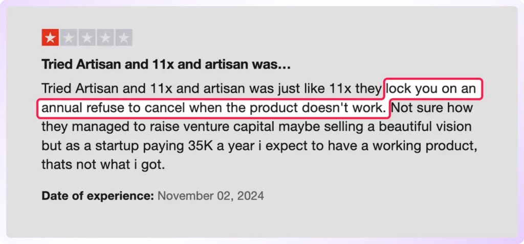 1-star review from November 2, 2024, complaining that Artisan and 11x lock users into yearly contracts and won’t cancel even if the product doesn’t work.