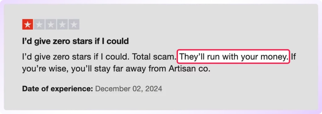 1-star review from December 2, 2024, calling Artisan a scam and warning others that “they’ll run with your money.