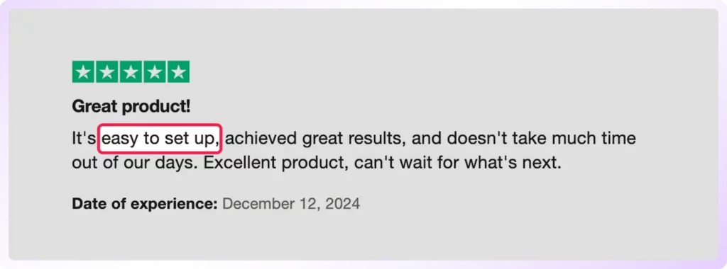5-star Trustpilot review highlighting a positive customer experience, praising the product for being "easy to set up.