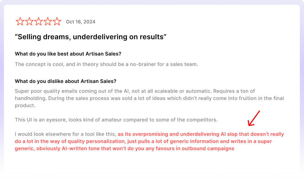 Artisan for overpromising, underdelivering, and producing low-quality, generic AI-written emails that lack personalization.