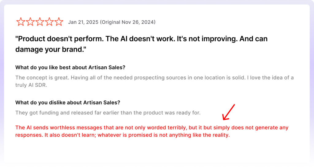 Artisan sends poorly written, ineffective messages, doesn’t learn, and fails to deliver on its promises.