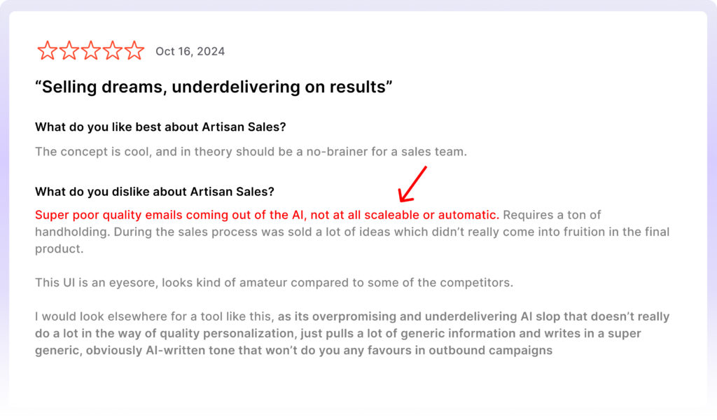 Artisan’s AI produces poor-quality emails that aren't scalable or automated, requiring too much manual effort.